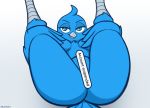 anthro arwokom avian beak big_butt big_eyes bird blue_feathers breasts butt censored feathers female hi_res legs_up looking_at_viewer meme nude ow-angle_view presenting seductive smile solo teasing tweetfur twitter 