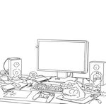  bottle chips controller cup food game_controller greyscale highres keyboard_(computer) lineart monitor monochrome mouse_(computer) no_humans original pencil plate speaker stylus table tablet template wacom water_bottle webcam 
