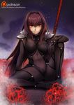  arm_support armor bodysuit breasts commentary covered_navel fate/grand_order fate_(series) flower gae_bolg large_breasts long_hair looking_at_viewer mibry_(phrysm) pauldrons polearm purple_hair red_eyes scathach_(fate)_(all) scathach_(fate/grand_order) sitting smile solo spear spider_lily spread_legs very_long_hair weapon 