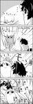  4koma =d animal_ears belt bow comic commentary dark_souls empty_eyes futatsuiwa_mamizou glasses greyscale hair_bow highres horn_ribbon horns ibuki_suika leaf leaf_on_head long_hair low-tied_long_hair monochrome no_humans oni_horns pince-nez raccoon_ears raccoon_tail ribbon running shaded_face shoujo_kitou-chuu smile souls_(from_software) surprised tail tani_takeshi touhou translated very_long_hair yukkuri_shiteitte_ne 