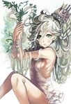  blush braid breasts crown dress flower from_side green_eyes green_hair hair_between_eyes hands_together long_hair open_mouth original plant ribs sasurai_susuki sleeveless sleeveless_dress small_breasts solo very_long_hair vines white_background white_dress 