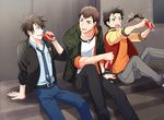  akuno_hideo bandaid bandaid_on_face black_hair blue_eyes brown_hair can casual denim dog_tags frame_(idolmaster) grey_hair idolmaster idolmaster_side-m jacket jeans kimura_ryuu koutake_hiroyoshi letterman_jacket looking_at_another male_focus multiple_boys necktie open_clothes open_jacket open_mouth pants sharp_teeth shingen_seiji sitting soda_can spiked_hair stairs sweatdrop teeth wristband 
