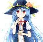  black_hat blue_hair blue_vest blush bow bowler_hat bowtie buttons collared_shirt cup eyebrows eyebrows_visible_through_hair food fruit hair_ornament hairclip hat hinanawi_tenshi holding holding_cup holding_spoon long_hair looking_at_viewer open_clothes open_vest peach plant pocket puffy_short_sleeves puffy_sleeves red_bow red_eyes red_neckwear saucer shirt short_sleeves solo spoon spoon_in_mouth tareme teacup teaspoon touhou unbuttoned upper_body very_long_hair vest vines white_shirt yuuhagi_(amaretto-no-natsu) 