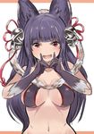  :d animal_ears bell blush breasts erune fangs fox_ears fox_shadow_puppet granblue_fantasy hair_bell hair_ornament jingle_bell large_breasts long_hair looking_at_viewer navel open_mouth red_eyes smile solo toi_(toiot) upper_body yuel_(granblue_fantasy) 