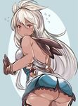  armor armored_dress ass brown_gloves dark_skin dress flying_sweatdrops from_behind gloves granblue_fantasy long_hair looking_at_viewer looking_back red_eyes solo tears toi_(toiot) very_long_hair white_hair zooey_(granblue_fantasy) 