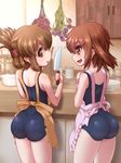 :d apron ass brown_eyes brown_hair counter cup cupboard cutting_board fang flower folded_ponytail from_behind hair_ornament hairclip holding holding_knife ikazuchi_(kantai_collection) inazuma_(kantai_collection) indoors kantai_collection knife lipstick long_hair makeup mug multiple_girls one-piece_swimsuit open_mouth plate pot school_swimsuit smile standing swimsuit yellow_eyes you_naka 