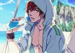  armband beach bottle holding holding_bottle ittoki_otoya jacket male_focus muscle open_clothes open_jacket open_mouth pectorals ramune red_eyes red_hair solo tomoaki_(coconon) umbrella uta_no_prince-sama 