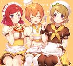  3girls :3 :t ^_^ alternate_costume apron bangs beret blonde_hair blush bow breasts brown_legwear cheese chef_hat chef_uniform closed_eyes closed_mouth copyright_name double-breasted eating eighth_note eyebrows eyebrows_visible_through_hair eyelashes food fork frilled_apron frilled_skirt frilled_sleeves frills green_bow hair_between_eyes happy hat hat_bow hat_ribbon heart holding holding_food holding_fork holding_pizza hoshizora_rin koizumi_hanayo leg_garter looking_at_another love_live! love_live!_school_idol_project maid_headdress medium_breasts mini_hat miniskirt mouth_hold multiple_girls musical_note neckerchief nishikino_maki open_mouth orange_hair outline pizza plate porridge puffy_short_sleeves puffy_sleeves purple_eyes red_hair ribbon rice sakura_yuki_(clochette) short_hair short_sleeves simple_background sitting skirt smile spoken_heart spoken_musical_note swept_bangs toque_blanche turtleneck twitter_username uniform waist_apron white_apron white_bow white_hat white_legwear wrist_cuffs yellow_background yellow_bow yellow_skirt 