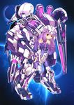  adapted_costume alternate_costume bangs bare_shoulders blunt_bangs covered_navel earth full_body helmet highres leotard long_hair looking_at_viewer machinery mecha_musume moon patchouli_knowledge purple_eyes purple_hair purple_legwear sidelocks smile solo space suika01 super_robot_wars thighhighs touhou zettai_ryouiki 