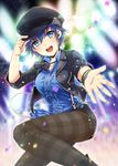  alternate_costume asuma_shin blue_eyes blue_hair hat jacket looking_at_viewer pantyhose persona persona_4 persona_4:_dancing_all_night persona_dancing shirogane_naoto short_shorts shorts smile solo 