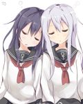  akatsuki_(kantai_collection) amano_kouki anchor_symbol closed_eyes commentary_request hibiki_(kantai_collection) highres kantai_collection leaning_on_person long_hair multiple_girls neckerchief purple_hair red_neckwear school_uniform serafuku silver_hair sleeping sleeping_on_person sleeping_upright 