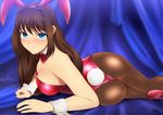  animal_ears ass bare_shoulders bent_over blue_eyes bow bowtie breasts brown_hair bunny_ears bunny_girl bunny_tail bunnysuit detached_collar embarrassed frown hair_down high_heels large_breasts long_hair looking_at_viewer lying on_stomach pantyhose tail wide_hips wrist_cuffs yadokari_genpachirou 