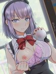  bow bra bra_pull breasts commentary_request dagashi_kashi hair_ribbon kanden_suki large_breasts lavender_eyes lavender_hair looking_at_viewer milk nipples open_clothes open_shirt pink_bra ribbon shidare_hotaru shirt sleeveless sleeveless_shirt solo underwear upper_body 