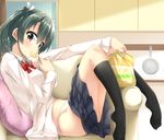  alternate_costume bag_of_chips black_legwear black_skirt brown_eyes commentary_request contemporary couch eating food_in_mouth grey_hair hair_ribbon hino_(2nd_life) kantai_collection kneehighs knees_up long_sleeves navel no_shoes panties pleated_skirt ribbon school_uniform side-tie_panties sitting skirt skirt_pull solo translated twintails unbuttoned underwear white_panties zuikaku_(kantai_collection) 