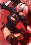  arm_up ashiomi_masato black_blindfold black_dress black_hairband blindfold breasts cleavage cleavage_cutout dress facing_away facing_down feather-trimmed_sleeves hair_over_one_eye hairband holding holding_sword holding_weapon mole mole_under_mouth nier_(series) nier_automata parted_lips shiny shiny_skin short_hair silver_hair solo sword thighhighs thighhighs_under_boots thighs weapon yorha_no._2_type_b 
