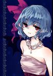  bare_shoulders blue_background blue_hair collarbone dress earrings frown hair_ribbon highres jewelry looking_at_viewer necklace non-web_source pearl_necklace pointy_ears polka_dot polka_dot_background red_eyes remilia_scarlet ribbon scan short_hair solo strapless strapless_dress touhou wings yatosaki_haru 