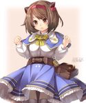  blush brown_eyes brown_hair capelet dated draph granblue_fantasy hairband highres horns kokka_han open_mouth short_hair skirt solo yaia_(granblue_fantasy) 