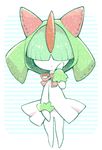  cosplay costume full_body gen_3_pokemon hand_on_own_face kirlia kirlia_(cosplay) minashirazu no_humans pokemon pokemon_(creature) ralts solo striped striped_background 
