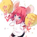  animal_ears arms_up bike_shorts blue_eyes blush cheerleader commentary_request furry gym_uniform long_hair mouse_ears open_mouth original pink_hair pom_poms shirt shorts smile solo tail yuuki_(yuyuki000) 