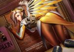  against_wall ass badcompzero bent_over blue_eyes bodysuit breasts high_ponytail large_breasts lips mechanical_wings mercy_(overwatch) overwatch pantyhose ponytail silver_hair smile solo thighs wings yellow_wings 