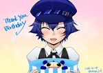  1girl 2016 :d ^_^ androgynous bear blue_hair blush cabbie_hat closed_eyes crossdressing dated gift happy_birthday hat heart ichigou_miya kuma_(persona_4) open_mouth persona persona_4 reverse_trap shirogane_naoto short_hair signature smile thank_you twitter_username 