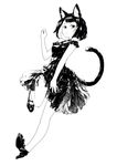  animal_ear_fluff animal_ears bangs bare_shoulders black_hair black_skirt blunt_bangs cat_ears cat_tail choker commentary_request frilled_skirt frills full_body greyscale halterneck hand_up high_heels highres jaco layered_skirt leg_up looking_at_viewer looking_to_the_side monochrome no_socks off_shoulder original short_hair skirt skirt_set skirt_tug sleeveless slit_pupils solo spot_color tail white_background yellow_eyes 