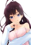  blue_eyes breasts brown_hair ichinose_shiki idolmaster idolmaster_cinderella_girls long_hair looking_at_viewer medium_breasts off_shoulder puem smile solo strap_slip 