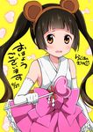  amayadori_machi animal_ears artist_name bangs bare_shoulders bear_ears black_hair blunt_bangs blush brown_eyes commentary_request elbow_gloves fake_animal_ears gloves hairband hakama heart japanese_clothes kumamiko long_hair looking_at_viewer miko open_mouth outfit_2_(kumamiko) pink_hakama ragho_no_erika ribbon-trimmed_gloves ribbon_trim signature solo twintails wand wavy_mouth white_gloves 