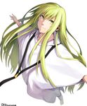 enkidu_(fate/strange_fake) fate/strange_fake fate_(series) green_eyes green_hair long_hair looking_up male_focus outstretched_arms robe solo somemiya_suzume spread_arms white_background 