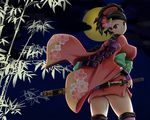  armor ass bamboo bangs black_hair breasts brown_eyes covered_nipples flower full_moon hair_flower hair_ornament japanese_armor japanese_clothes katana large_breasts looking_at_viewer looking_back momohime moon night oboro_muramasa only_haruka shadow solo sword thighhighs wallpaper weapon zettai_ryouiki 