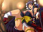  1girl armpits bare_shoulders black_wings blue_hair blunt_bangs breasts censored cleavage clothed_female_nude_male dead_or_alive dead_or_alive_5 erection feathered_wings footjob fundoshi hair_ornament hair_stick hairpin highres japanese_clothes large_breasts legs long_hair looking_at_another makeup mole mole_under_mouth mosaic_censoring nyotengu penis pink_eyes raburebo sitting socks solo_focus thighs tokin_hat wings 
