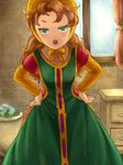  blush brown_hair curly_hair dragon_quest dragon_quest_vii drawer dress green_dress green_eyes hands_on_hips indoors long_hair looking_at_viewer maribel_(dq7) okitsugu open_mouth red_hair solo standing vase window 
