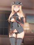  :d ass_visible_through_thighs bangs bare_shoulders bismarck_(kantai_collection) black_panties blonde_hair blue_eyes blush breasts brown_gloves ceiling cowboy_shot curtains detached_sleeves drawer dress eyebrows eyebrows_visible_through_hair frame gloves groin hair_between_eyes hat highres indoors kantai_collection lamp large_breasts lifted_by_self long_hair looking_at_viewer military military_uniform night open_mouth panties peaked_cap photo_(object) shirt_lift short_dress sideboob smile solo sweat tachimi_(basue) thighhighs underboob underwear uniform wall window 