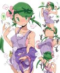  badge chris_(mario) creatures_(company) fanning_face flower game_freak green_eyes green_hair hair_flower hair_ornament highres long_hair mao_(pokemon) nintendo overalls pokemon pokemon_(game) pokemon_sm smile solo strap_lift twintails wardrobe_malfunction white_background 