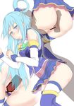  1boy 1girl aqua_(konosuba) ass blue_eyes blue_hair blush buttjob censored detached_sleeves kono_subarashii_sekai_ni_shukufuku_wo! long_hair md5_mismatch miniskirt no_panties nobcoffee penis resized rubbing thigh_boots vaginal 