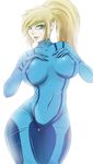  blonde_hair blue_eyes bodysuit breast_suppress breasts covered_navel curvy erect_nipples large_breasts long_hair looking_at_viewer metroid ninjapony open_mouth ponytail samus_aran simple_background skin_tight smile solo white_background wide_hips 