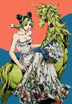  araki_hirohiko_(style) bare_shoulders bouquet braid breasts cleavage collarbone double_bun dress flower green_hair green_lipstick horn jojo_no_kimyou_na_bouken kuujou_jolyne lily_(flower) lipstick makeup medium_breasts multicolored_hair qi_(bleachcxn) rose sidesaddle single_braid sitting strapless strapless_dress unicorn white_dress 