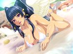  1girl areola_slip areolae bare_arms bare_legs bare_shoulders bikini blue_hair blunt_bangs breasts dead_or_alive dead_or_alive_5 feathered_wings high_heels highres large_breasts legs long_hair looking_at_viewer lying makeup mole mole_under_mouth nyotengu on_stomach outdoors parted_lips purple_eyes raburebo sweat thighs white_bikini white_wings wings 