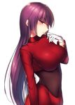  breasts covered_navel gloves hime_cut large_breasts long_hair long_sleeves looking_at_viewer natsume_(pokemon) pokemon pokemon_(game) purple_hair red_eyes simple_background solo white_background white_gloves yomono 