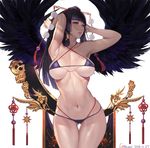  arms_up ass_visible_through_thighs bangs bikini black_hair black_wings blunt_bangs breasts dated dead_or_alive dead_or_alive_5 gtunver halter_top halterneck hat highleg highleg_bikini highres hime_cut large_breasts layered_bikini long_hair lowleg lowleg_bikini md5_mismatch mole mole_under_mouth nyotengu purple_bikini purple_hair sidelocks simple_background solo standing swimsuit thigh_gap tokin_hat white_background wings 
