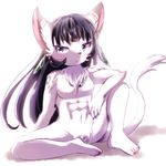  1girl black_hair cat female full_body furry kemoribon long_hair no_nipples nude sitting solo white_background 
