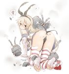  all_fours anchor ass black_panties blonde_hair blush breasts brown_eyes butt_crack debris elbow_gloves feet from_behind full_body gloves hair_in_mouth hairband kantai_collection long_hair looking_at_viewer looking_back no_shoes panties rensouhou-chan revision shimakaze_(kantai_collection) small_breasts smoke spoken_squiggle squiggle striped striped_legwear thighhighs toes torn_clothes torn_legwear torn_panties underboob underwear white_gloves yamasaki_wataru 