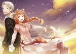  1girl animal_ears ayakura_juu back-to-back bracelet braid brown_eyes brown_hair cloud craft_lawrence dress fang grey_hair holding_hands holo jewelry long_hair looking_at_viewer outstretched_arms short_hair sky smile spice_and_wolf wolf_ears yellow_eyes 