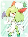  boots flag from_behind gen_3_pokemon green_footwear green_hair hat holding kirlia looking_back minashirazu no_humans pokemon pokemon_(creature) red_eyes sailor_collar solo striped striped_background 
