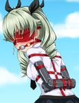  anchovy arms_behind_back ball_gag bdsm blindfold blush bondage bondage_mittens bound bound_arms cyber_(cyber_knight) drill_hair gag gagged girls_und_panzer green_hair long_hair necktie solo twin_drills twintails 