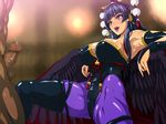  1girl armpits bare_shoulders black_wings blue_hair blunt_bangs breasts bridal_gauntlets censored cleavage clothed_female_nude_male dead_or_alive dead_or_alive_5 erect_nipples feathered_wings fingerless_gloves hair_ornament hair_stick hairpin highres large_breasts legs leotard long_hair looking_at_another mole mole_under_mouth mosaic_censoring nyotengu open_mouth penis pink_eyes puffy_nipples raburebo sitting skin_tight solo_focus spread_legs thighhighs thighs tokin_hat wings 