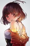  ahoge ayano_yuu_(sonma_1426) brown_eyes brown_hair from_behind japanese_clothes kimono koutetsujou_no_kabaneri light_rays looking_at_viewer looking_back looking_to_the_side mumei_(kabaneri) parted_lips short_hair shoulder_blades simple_background smile solo spoilers twintails undressing upper_body white_background 