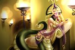  alternate_costume armlet breasts cassiopeia_du_couteau commentary covered_mouth forehead_jewel gorget hannah_santos highres lamia large_breasts league_of_legends lipstick makeup monster_girl navel purple_lipstick recliner see-through shawl smile solo tail_piercing veil 