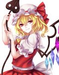  absurdres ascot bad_id bad_pixiv_id blonde_hair crystal fang flandre_scarlet from_side hat hat_ribbon highres laevatein looking_at_viewer mob_cap puffy_short_sleeves puffy_sleeves red_eyes red_ribbon red_shirt red_skirt ribbon sheya shirt short_sleeves side_ponytail skirt skirt_set smile solo touhou upper_body white_background wings 