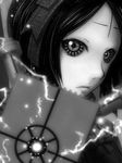  blame! blurry bow bowtie close-up closed_mouth depth_of_field electricity expressionless face facial_tattoo graviton_beam_emitter greyscale hairband j-unit_(lilykiss) lips looking_at_viewer monochrome safeguard_(blame!) sanakan short_hair shoulder_pads solo tattoo upper_body 